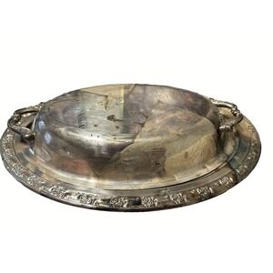 WM A ROGERS ANTIQUE FLORAL SILVERPLATE OVAL SERVING DISH W/ DOUBLE HANDLE‎ LID.